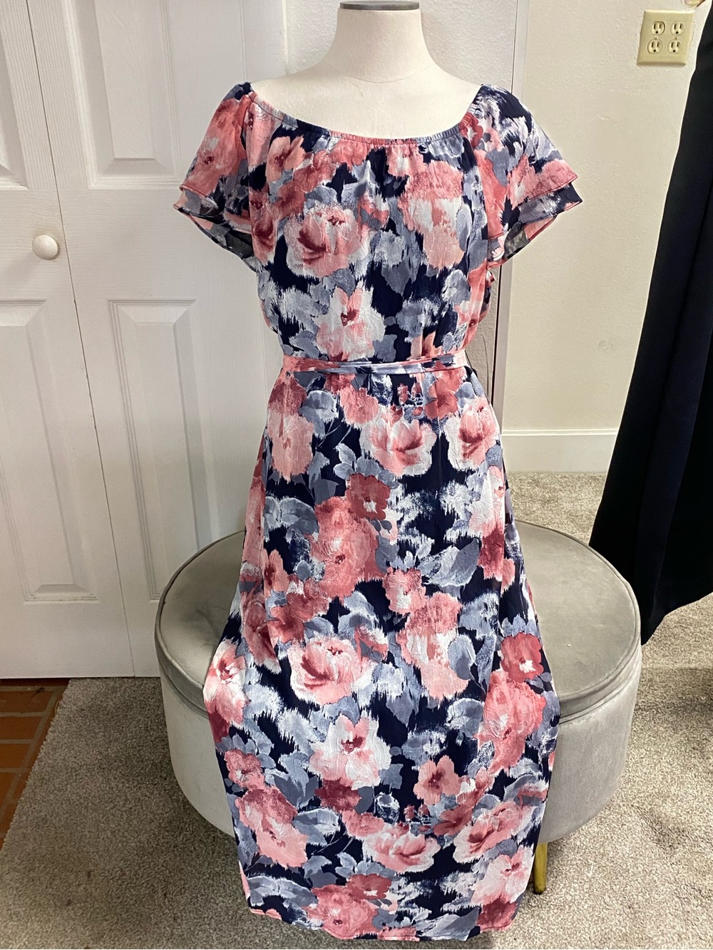 Sara Michelle Navy and Pink Floral Off-Shoulder Midi Dress